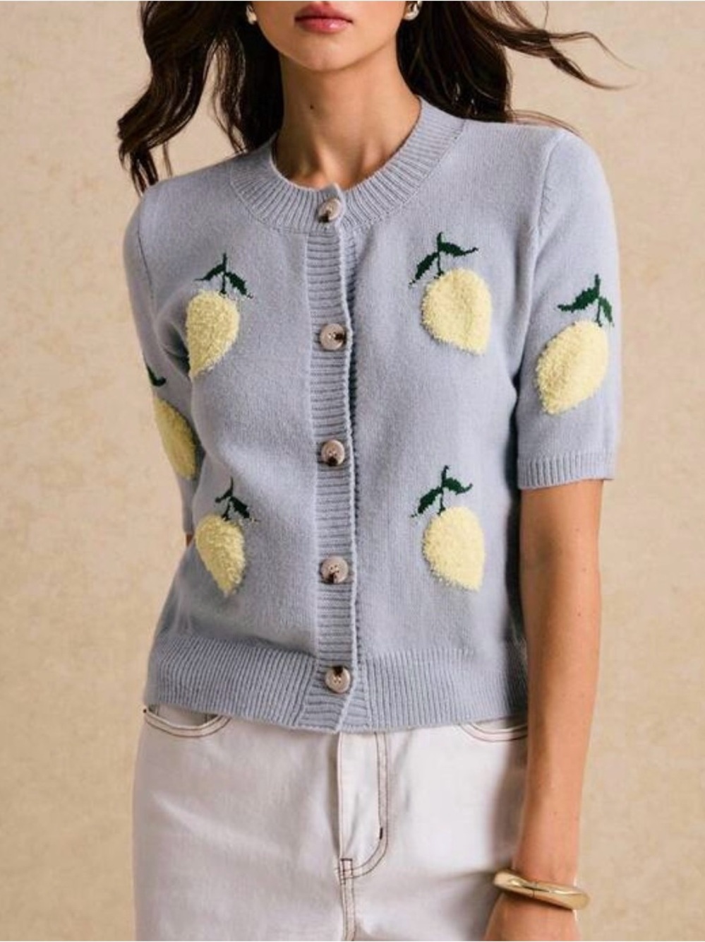 SHEIN Light Blue Short Sleeve Knit Cardigan with Yellow Lemon Appliqués